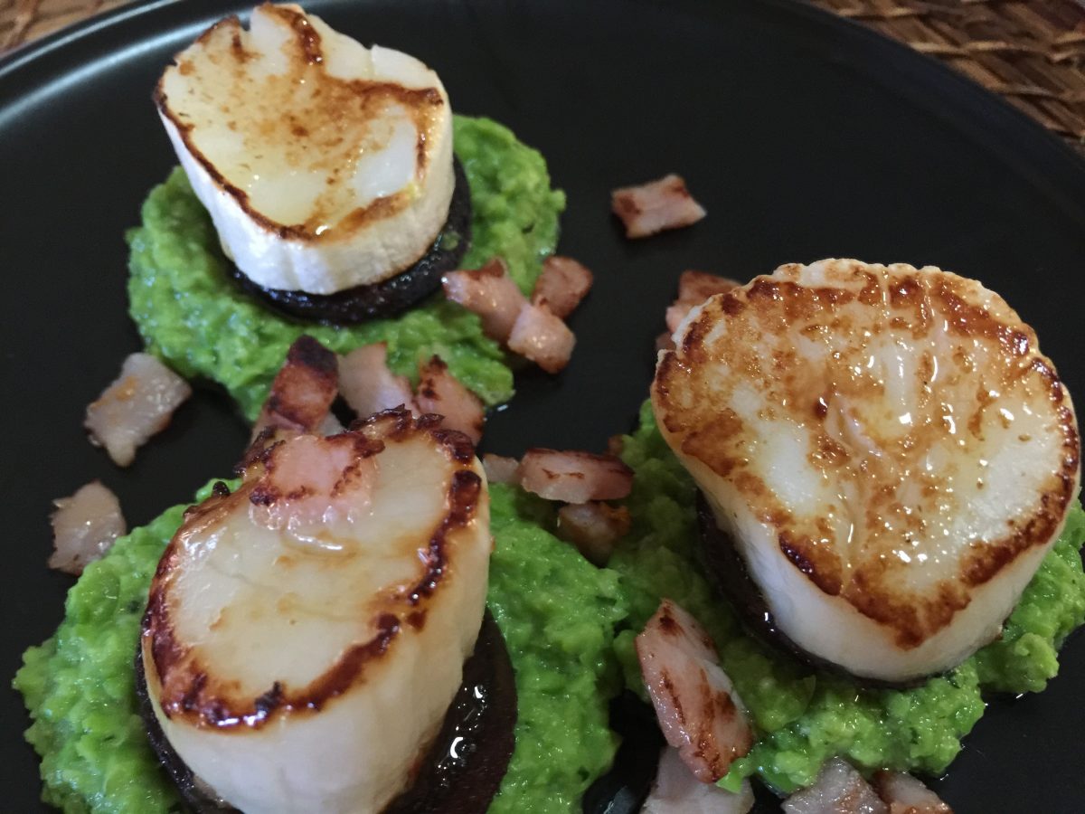 Seared Scallops with Pea Purée and Black Pudding