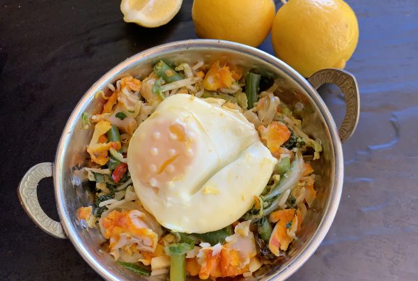 Kedgeree for One is a combination of cooked rice and green vegetables flavoured with ginger, garlic, onion, fennel seeds, curry powder and curry paster. Sir-fried topped with flakes of smoked fish and a poached egg, with a squeeze of lemon juice ,